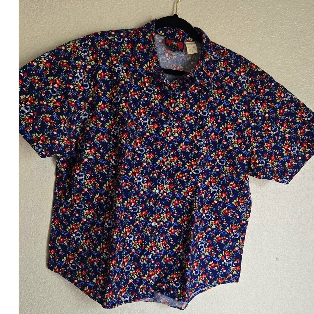 Five Star by Roper Vintage Western Floral Horseshoe Snap Button Shirt Navy XL
